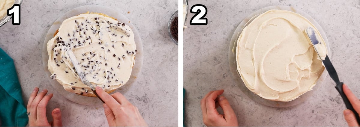 Two photos showing a cake being frosted and topped with mini chocolate chips.
