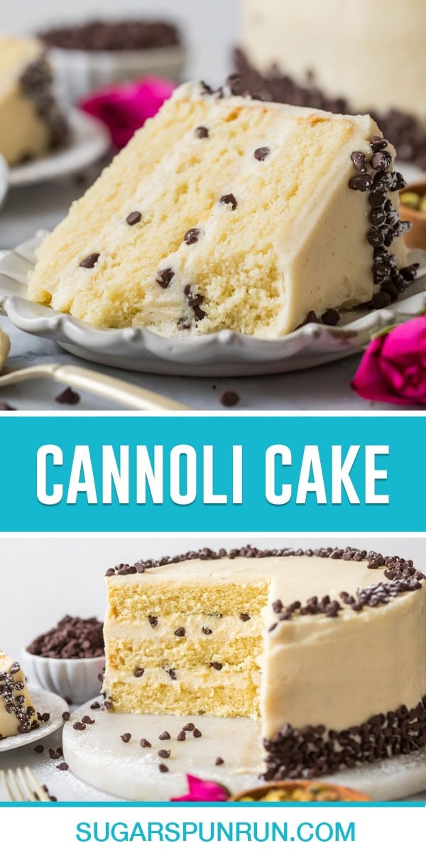 collage of cannoli cake, top image of single slice of cake with bite taken out, bottom image of full cake with slices taken out