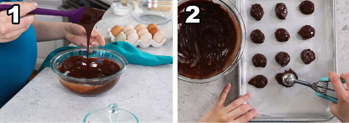 Two photos showing a chocolate filling being stirred together and scooped into dollops on a cookie sheet.