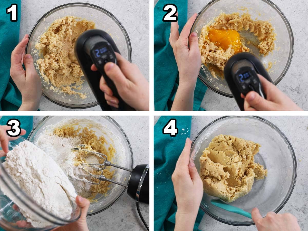 Four photos showing a churro flavored cookie doing being stirred together.