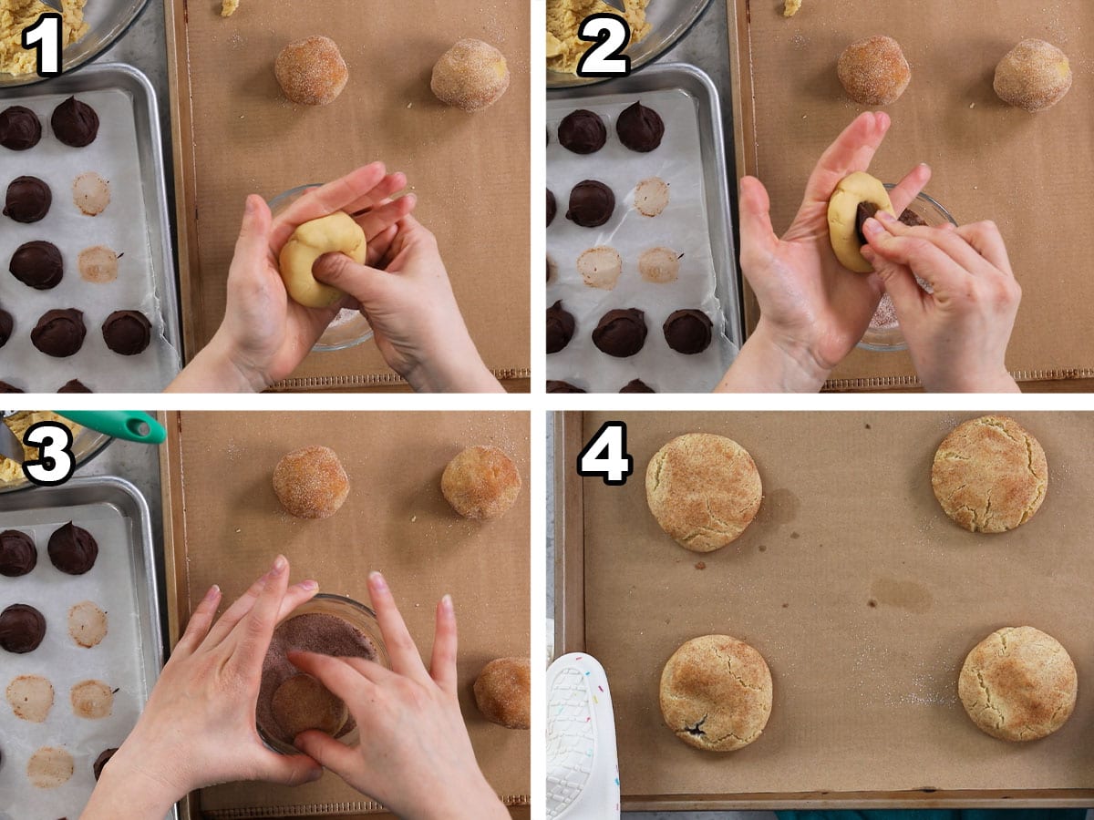 Four photos showing cookie dough being stuffed with a chocolate center before being rolled in cinnamon sugar and baked.