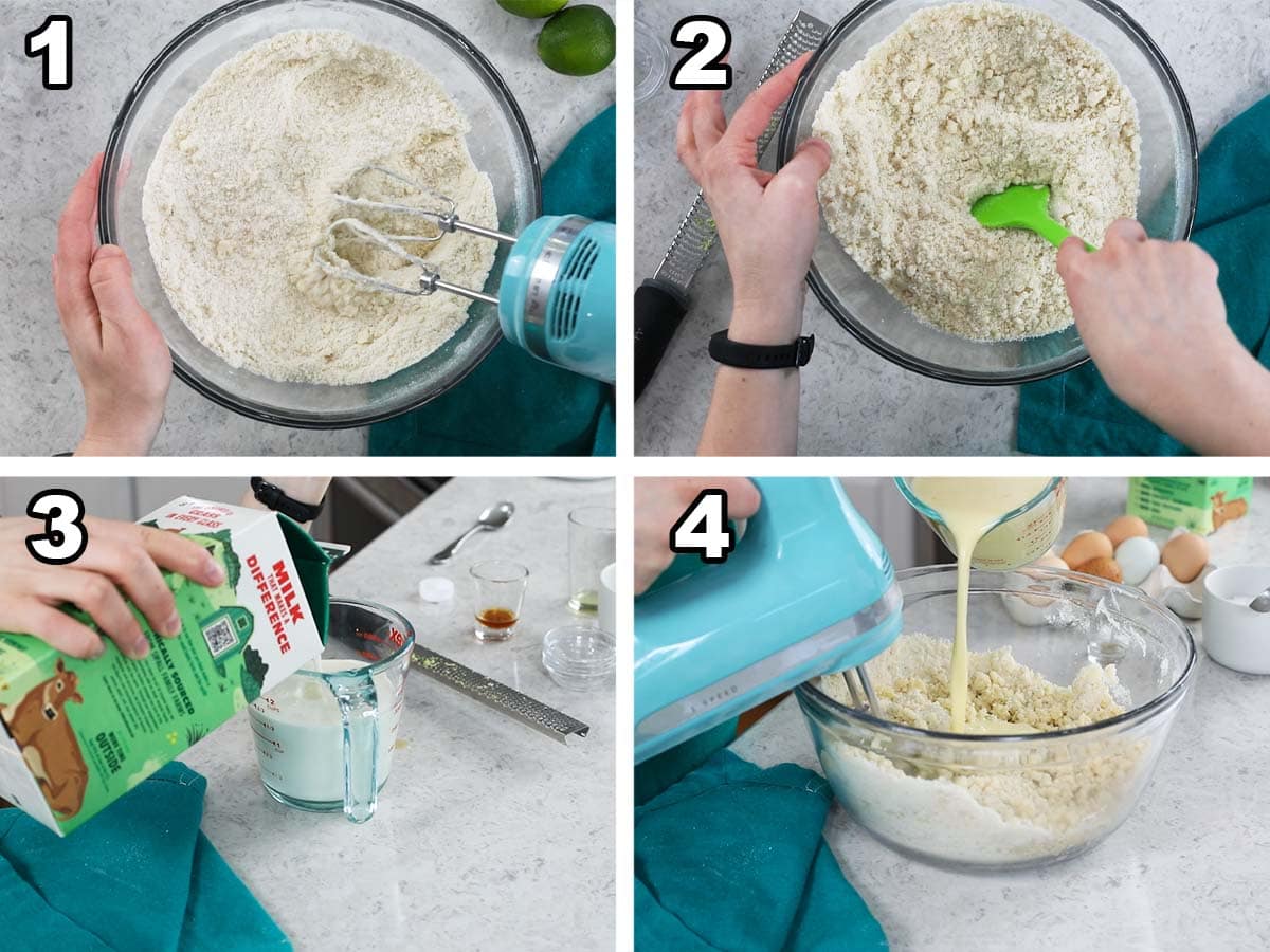 Collage of four photos showing cake batter being prepared with the reverse creaming method.