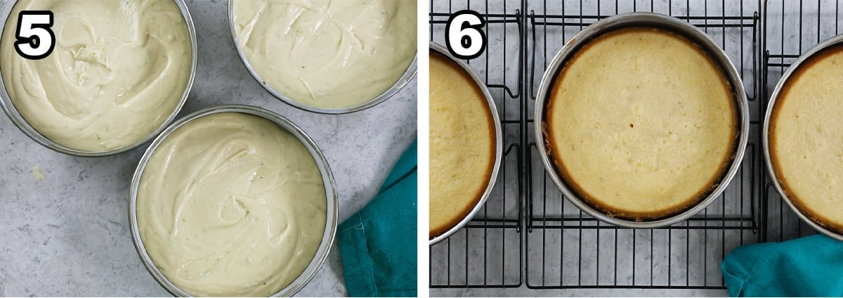 Two photos showing cake layers before and after baking.