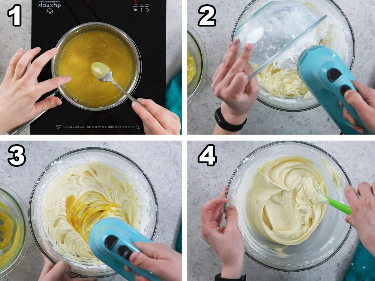 Four photos showing key lime curd being prepared and stirred into frosting.