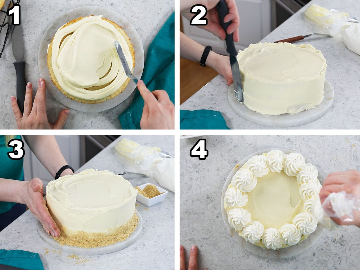 Four photos showing a cake being frosted with key lime frosting and topped with whipped cream swirls.
