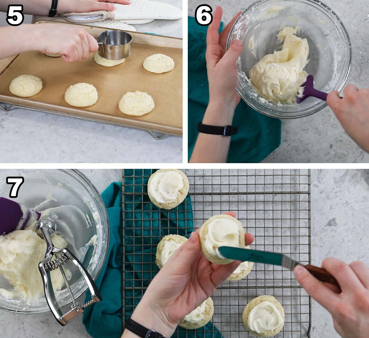 3-image collage showing steps to flatten and frost sour cream cookies