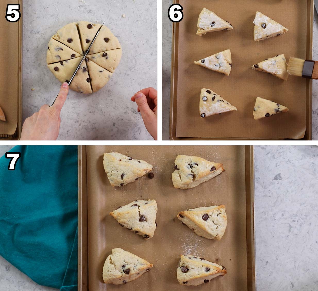Three photos showing a round disc of scone dough being cut into wedges and baked.