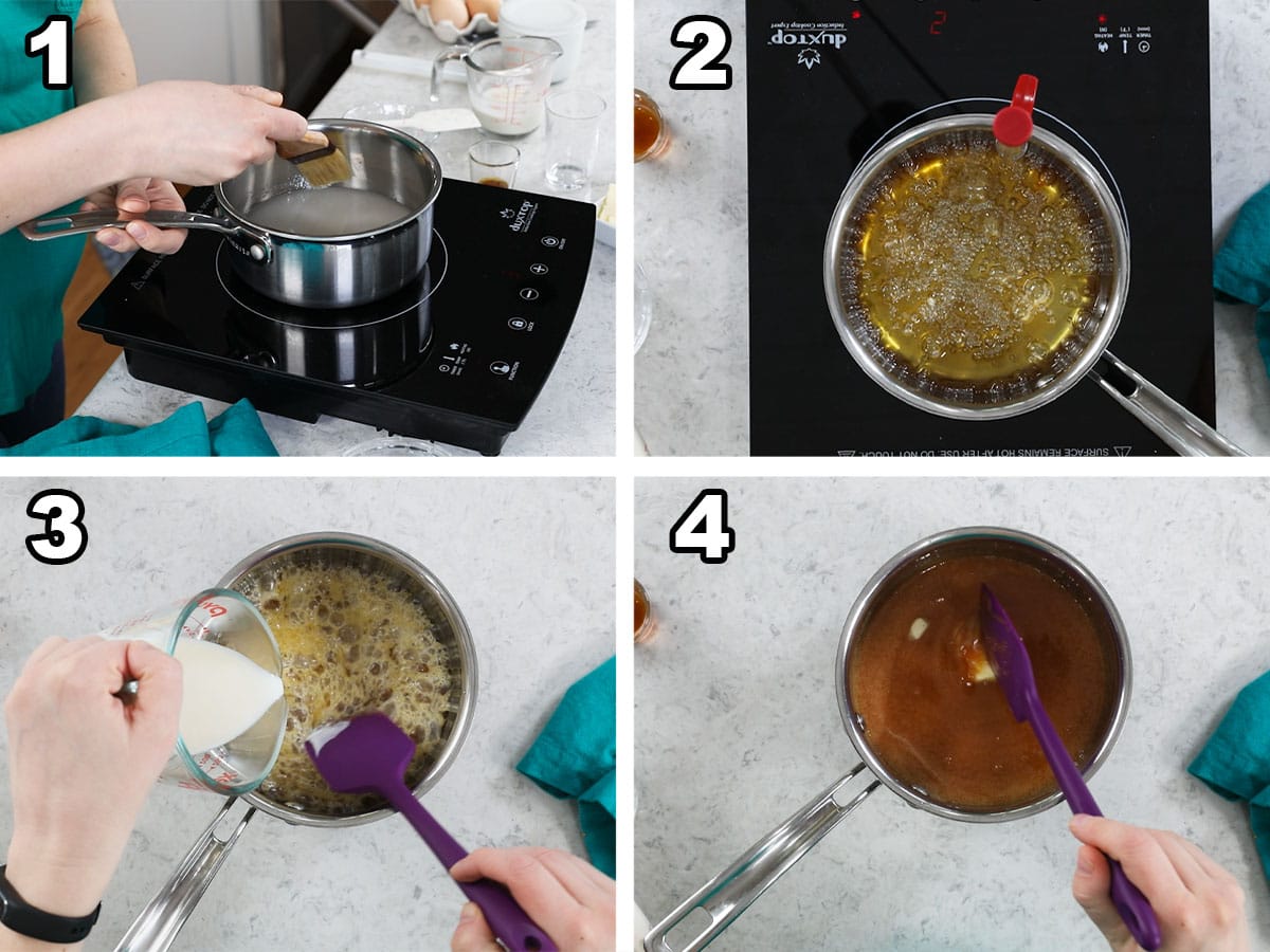 Collage of four photos showing caramel sauce being prepared on the stove.
