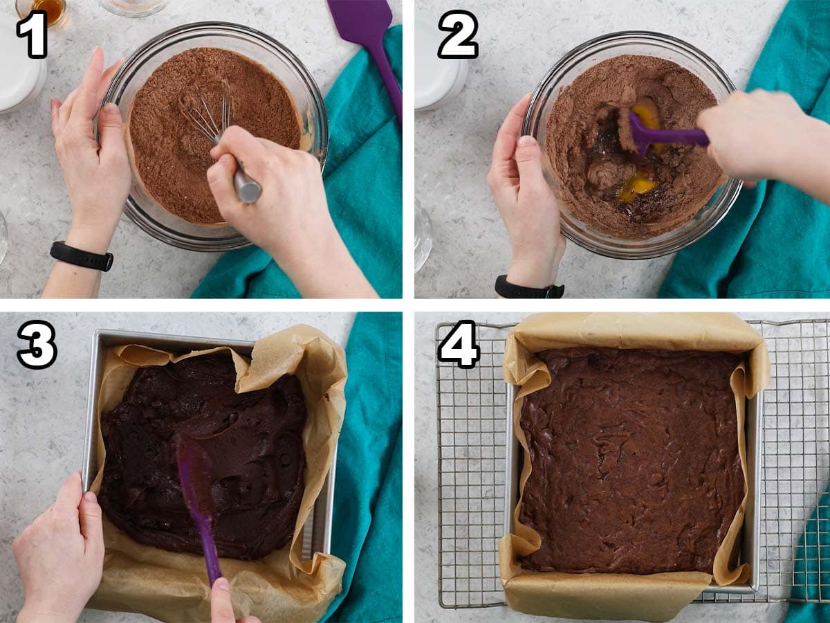 Collage of four photos showing brownie batter being prepared and baked in a square pan.