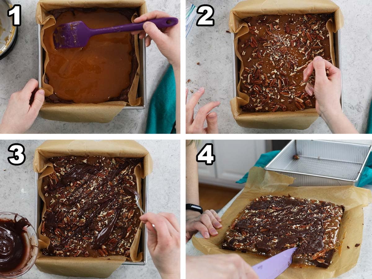 Four photos showing caramel, pecans, and chocolate being added to brownies.