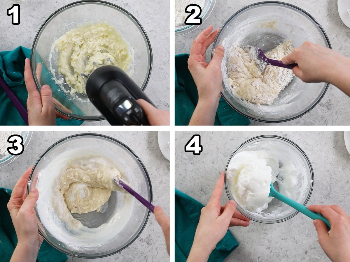 Collage of four photos showing white cupcake batter being prepared.