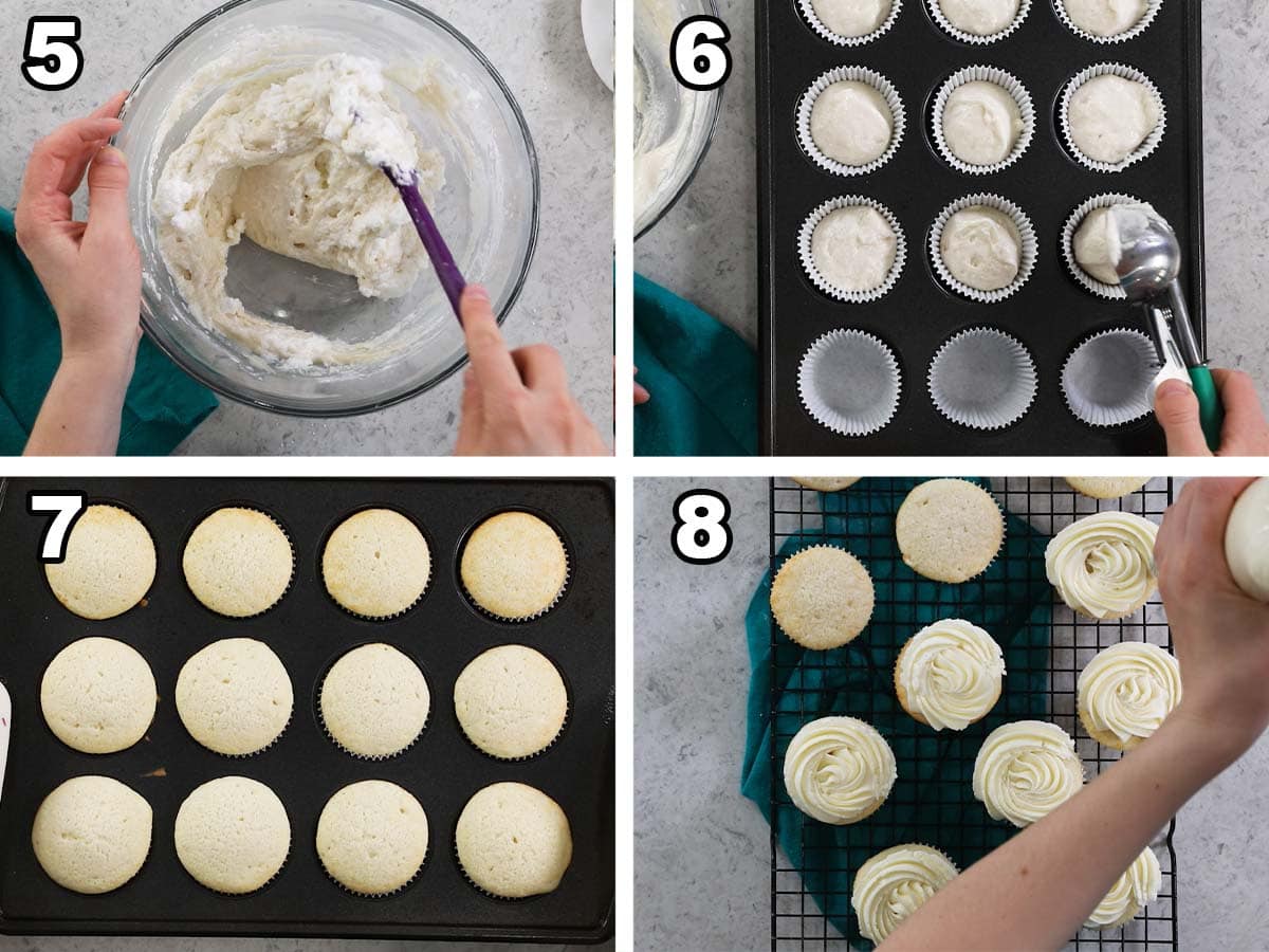 Collage of four photos showing cupcake batter being divided into a pan, baked, and frosted.