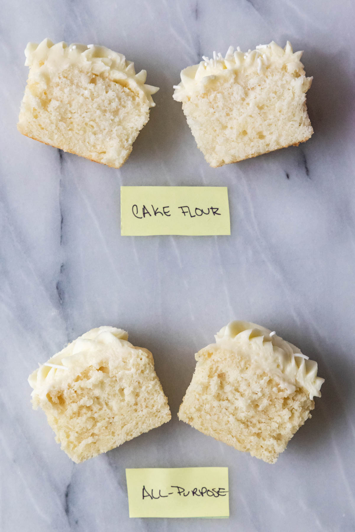 Comparison of a white cupcake recipe made with cake flour vs all-purpose flour.
