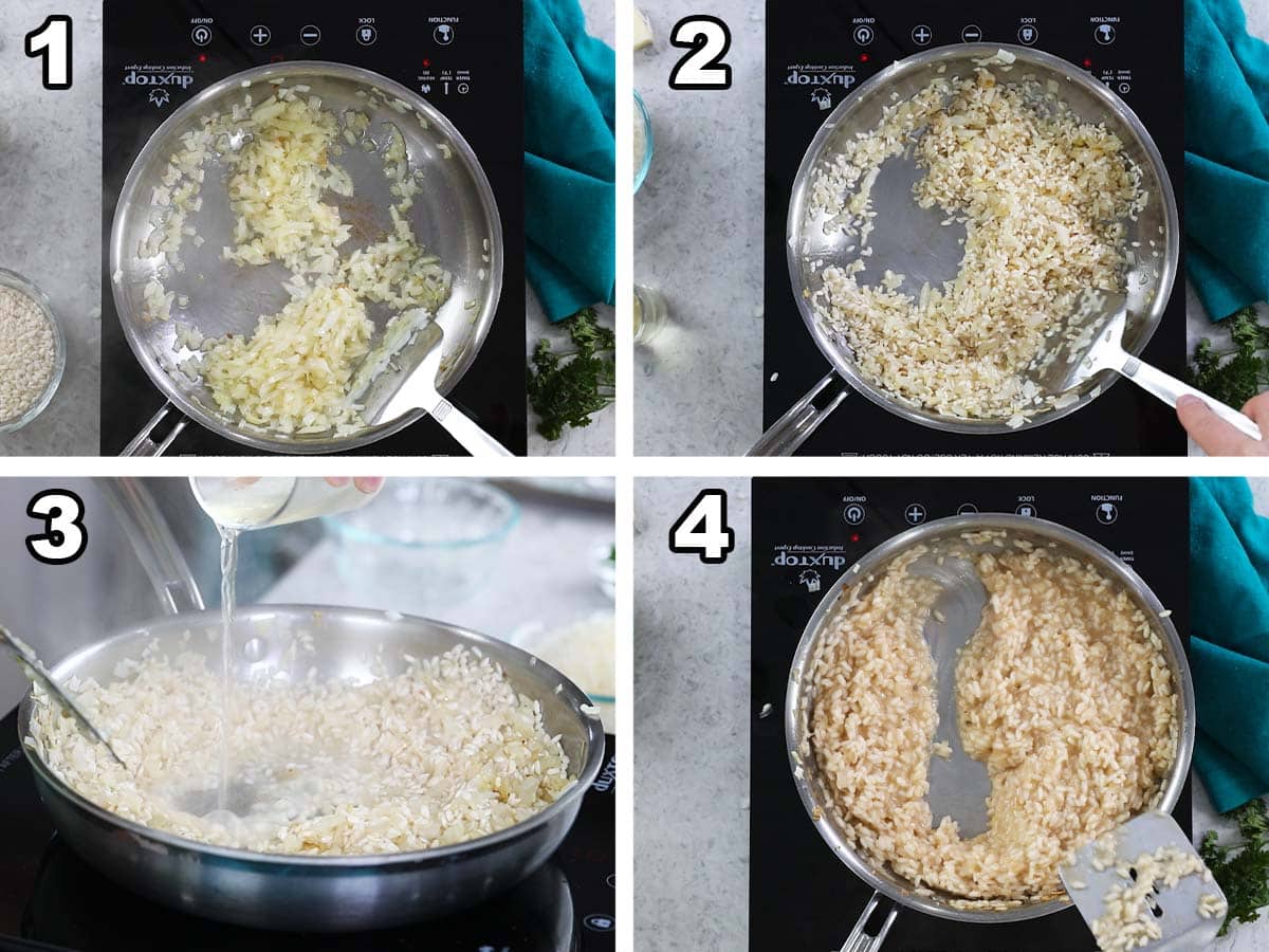 Collage of four photos showing risotto being prepared for arancini.