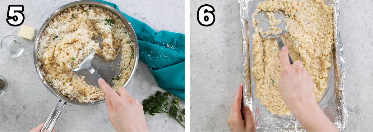 Two photos showing risotto being spread onto a cookie sheet to cool.