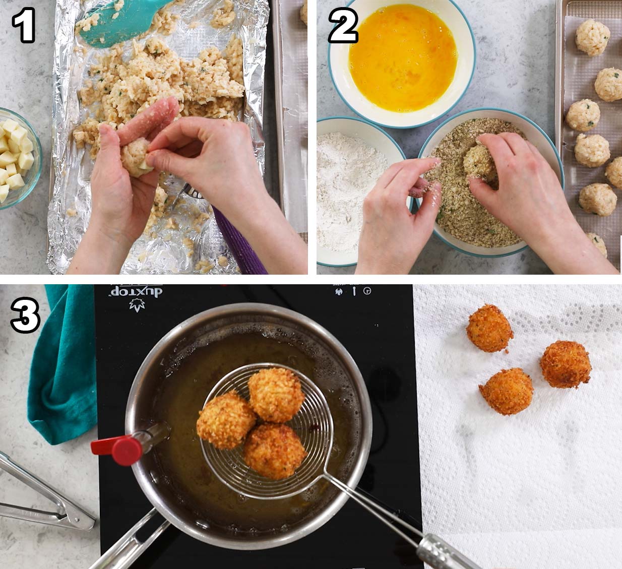 Three photos showing fried rice balls being prepared.