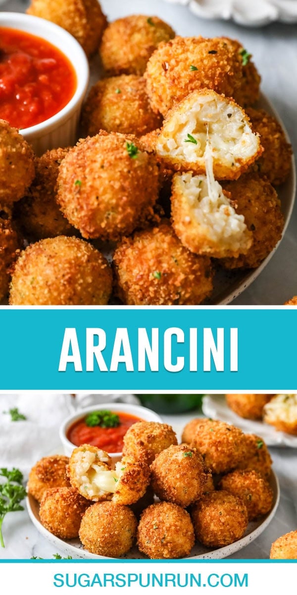 collage of Arancini, top image of close up of balls with one separated to see inside, bottom image same, photographed further away