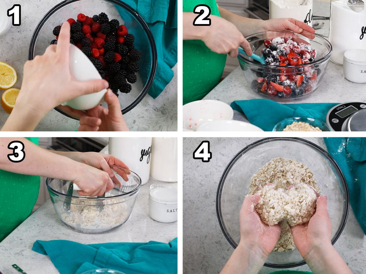 Four photos showing berries being stirred together in a bowl and a crumble topping being prepared.