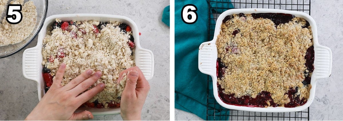 Two photos showing berry crisp before and after baking.