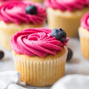 Cupcake frosted with a vibrantly colored blueberry frosting rosette and a blueberry garnish.