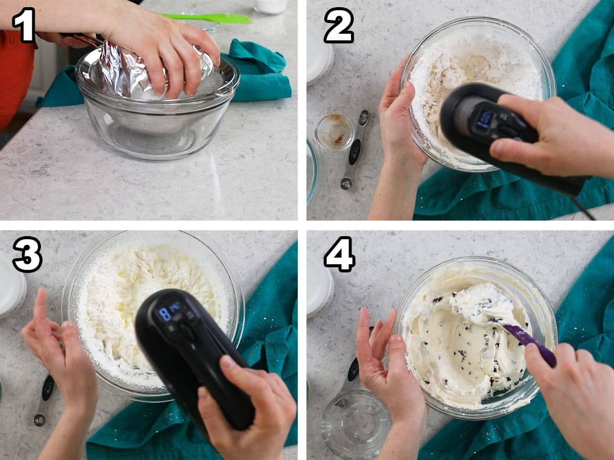 Collage of four photos showing ricotta being strained and combined with mascarpone, whipped cream, and chocolate chips to make a dessert dip. 