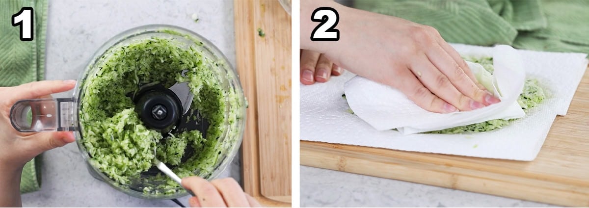 Two photos showing zucchini being shredded and blotted with paper towels.