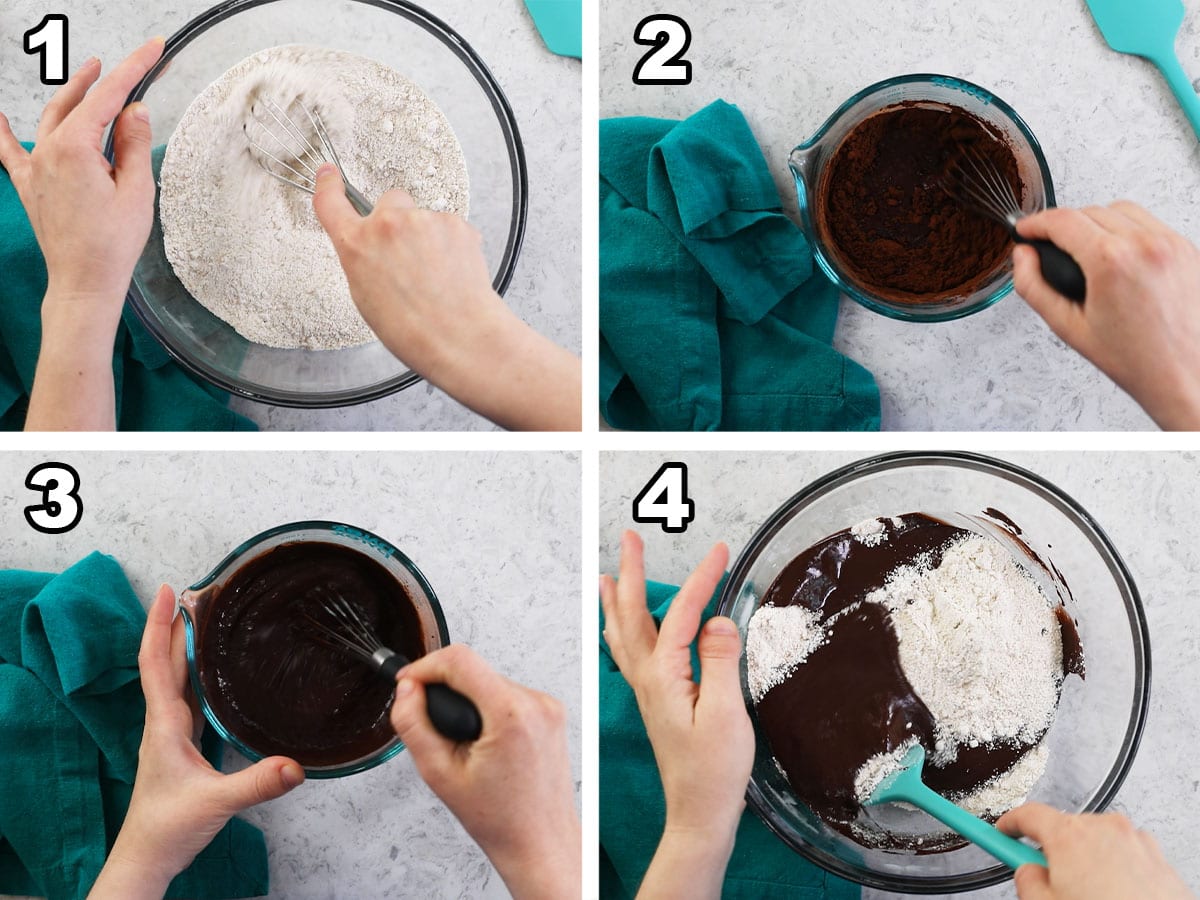 Four photos showing a chocolate batter being prepared in a large bowl.