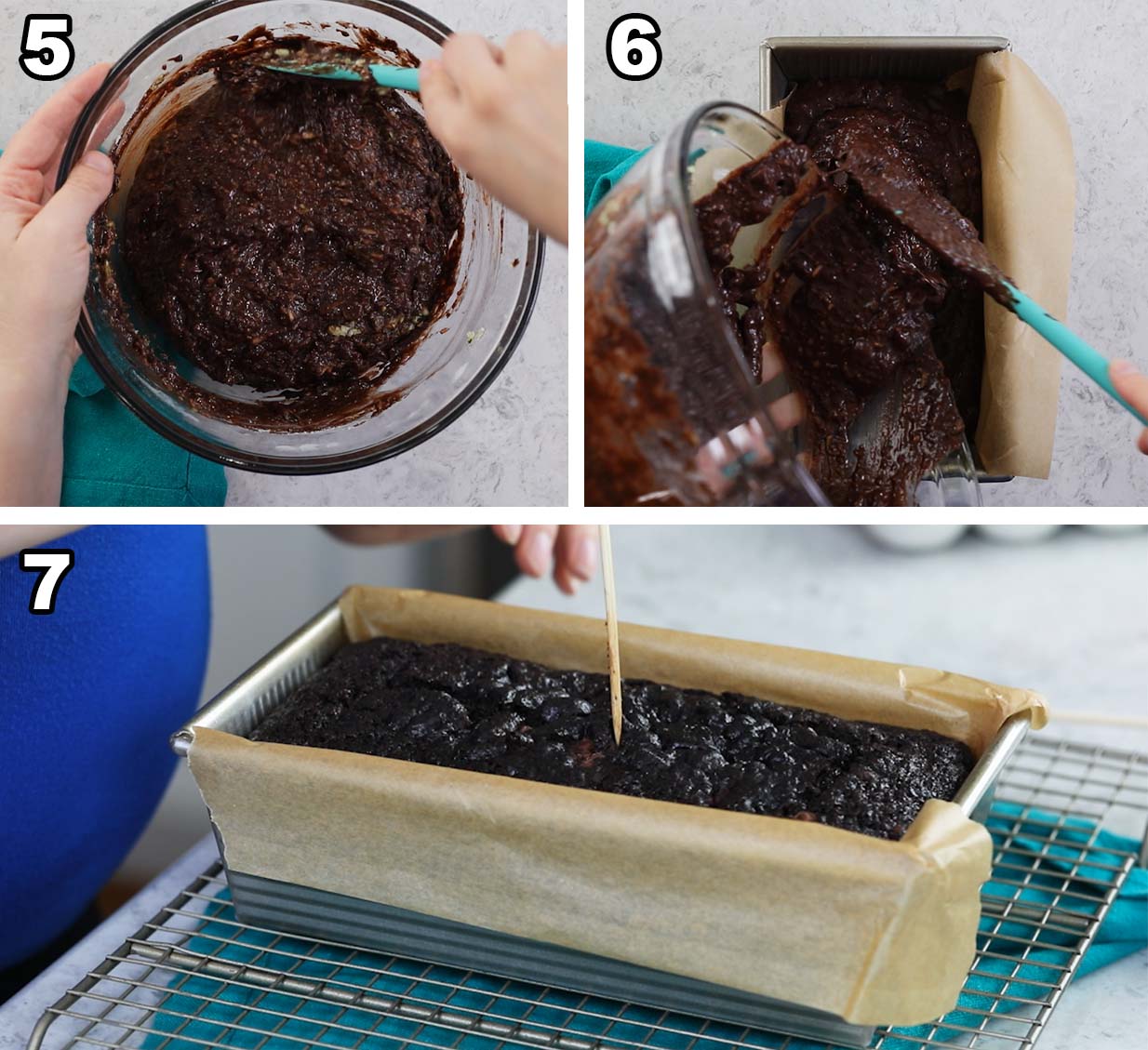 Three photos showing chocolate batter being poured into a bread pan and baked.