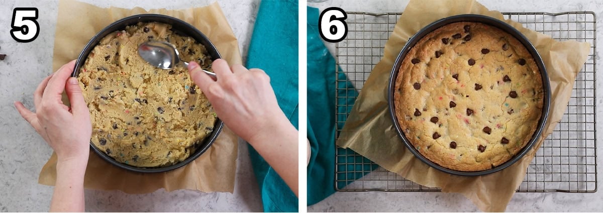 Two photos showing cookie batter being spread into a springform pan and baked.