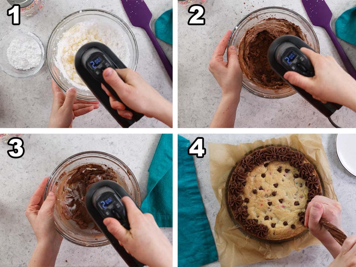 Four photos showing chocolate frosting being prepared and piped onto a cookie cake.