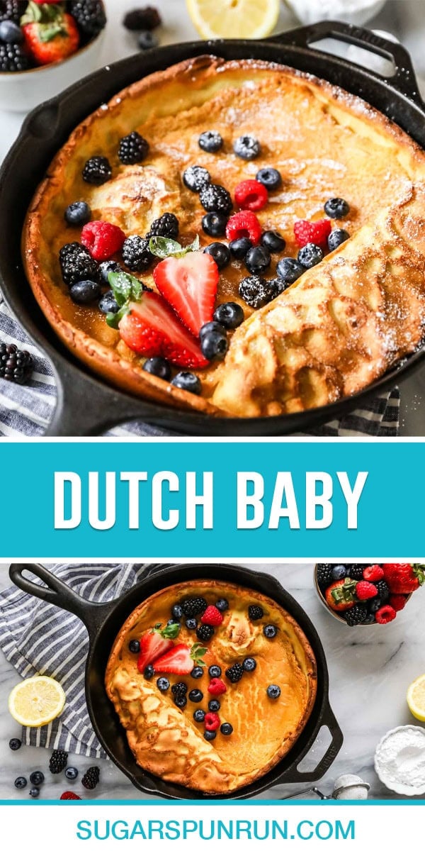 collage of dutch baby, top image close up of skillet with dutch baby, bottom image photographed from above