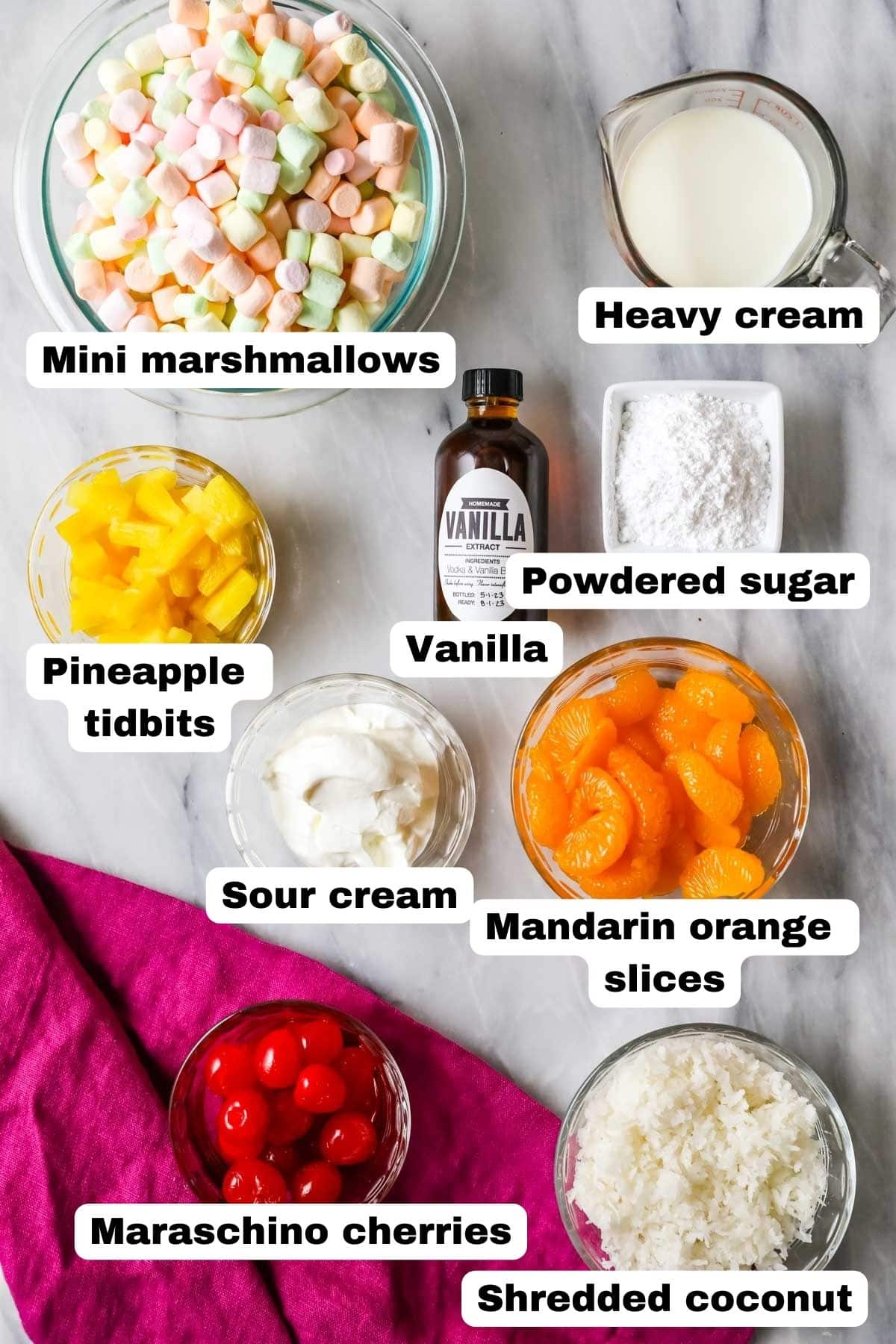 Overhead view of labeled ingredients including mini marshmallows, canned fruit, heavy cream, and more.