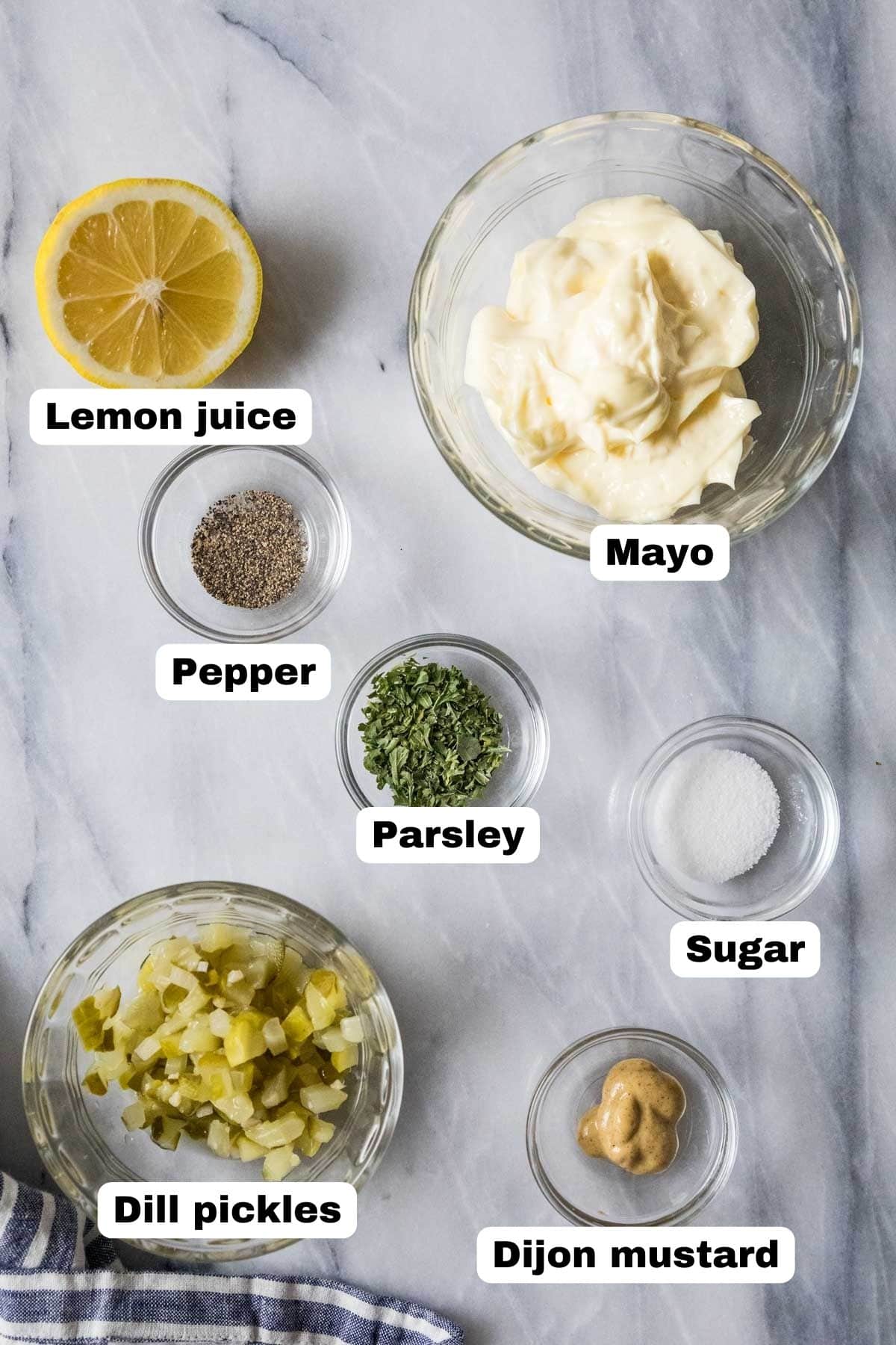 Overhead view of labeled ingredients including mayo, dijon, dill pickles, and more.