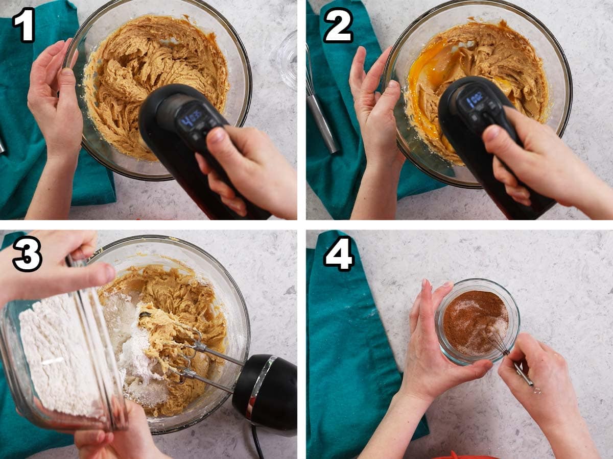 Four photos showing cookie dough being prepared and cinnamon sugar being stirred together.