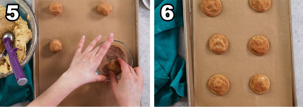 Two photos showing peanut butter cookie dough balls being rolled through cinnamon sugar and baked.