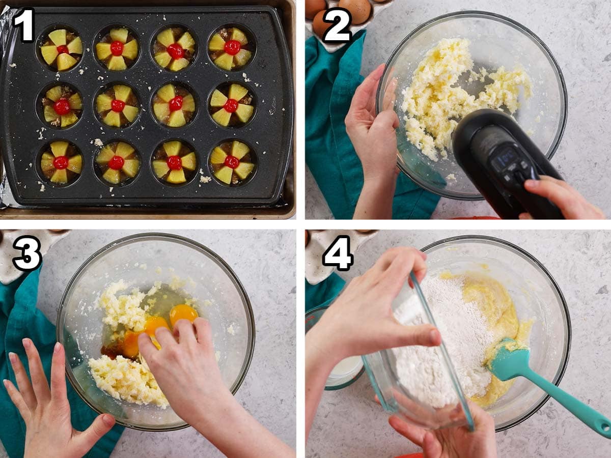Four photos showing pineapple and cherries being added to a cupcake pan and batter being prepared.