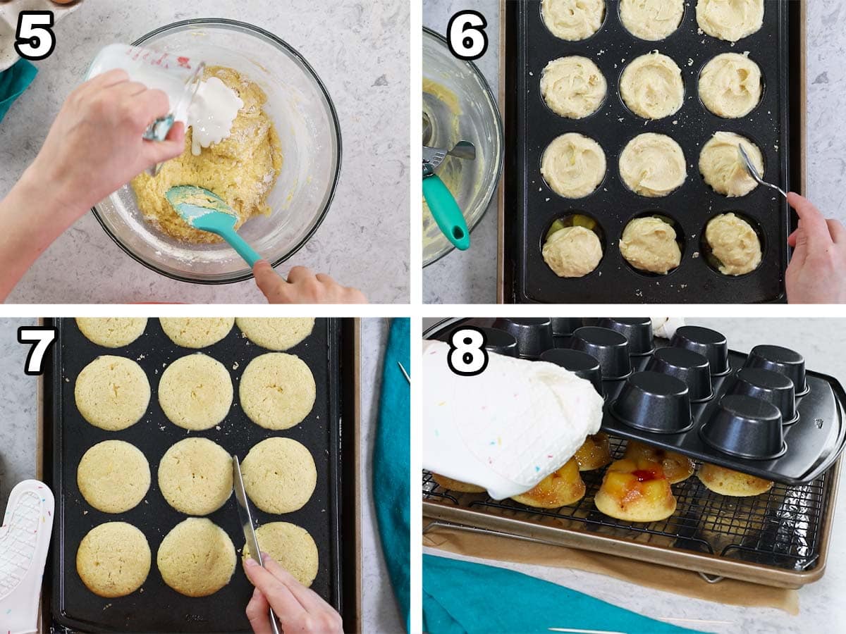 Four photos showing batter being prepared, added to a cupcake pan, and baked before inverting.