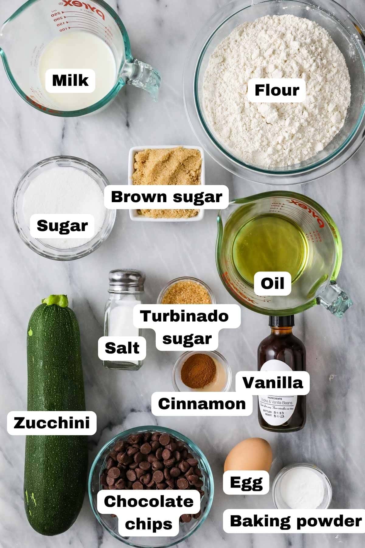 Overhead view of labeled ingredients including zucchini, chocolate chips, brown sugar, and more.