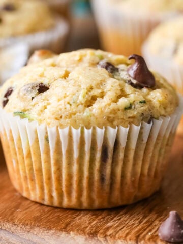 Close-up view of a chocolate chip zucchini muffin.