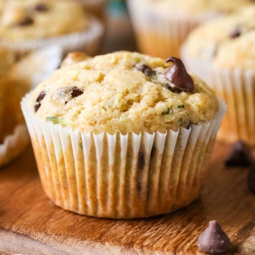 Close-up view of a chocolate chip zucchini muffin.