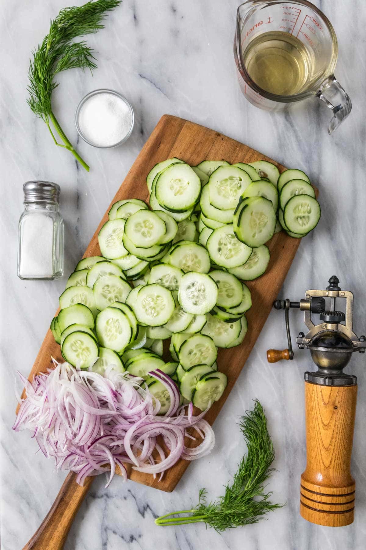 Overhead view of ingredients including cucumber, onion, sugar, dill, and vinegar.