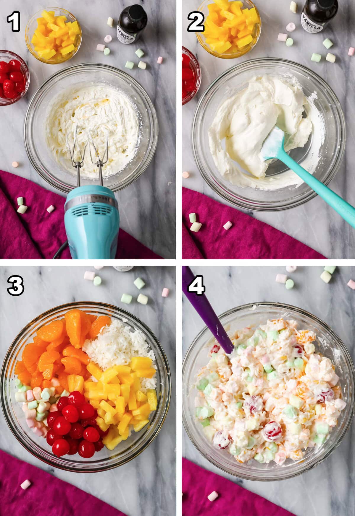 Ambrosia Salad Collage, Steps one thru four, Whipping cream to stiff peaks Folding in sour cream/other ingredients Combining fruit Stirring fruit and whipped cream mixture together.