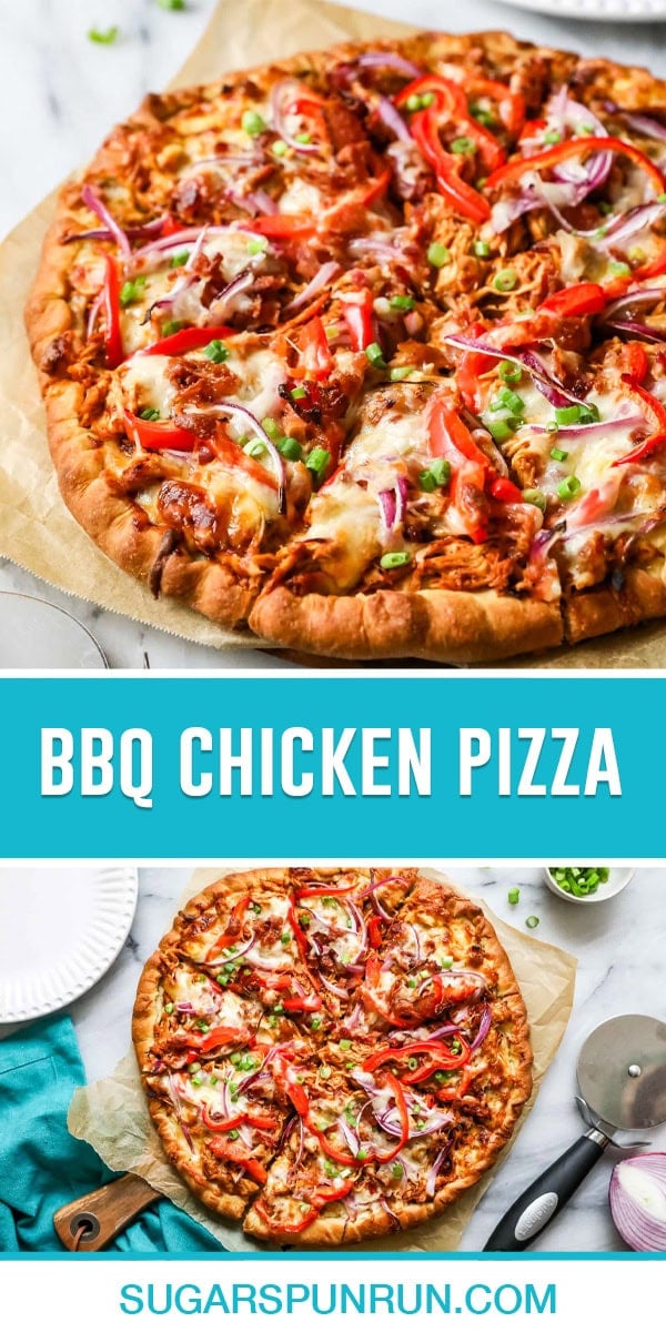 collage of bbq chicken pizza, top image of full pizza, bottom image is of the same pizza photographed from above