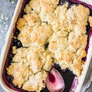 Overhead view of a baking pan of blueberry cobbler.