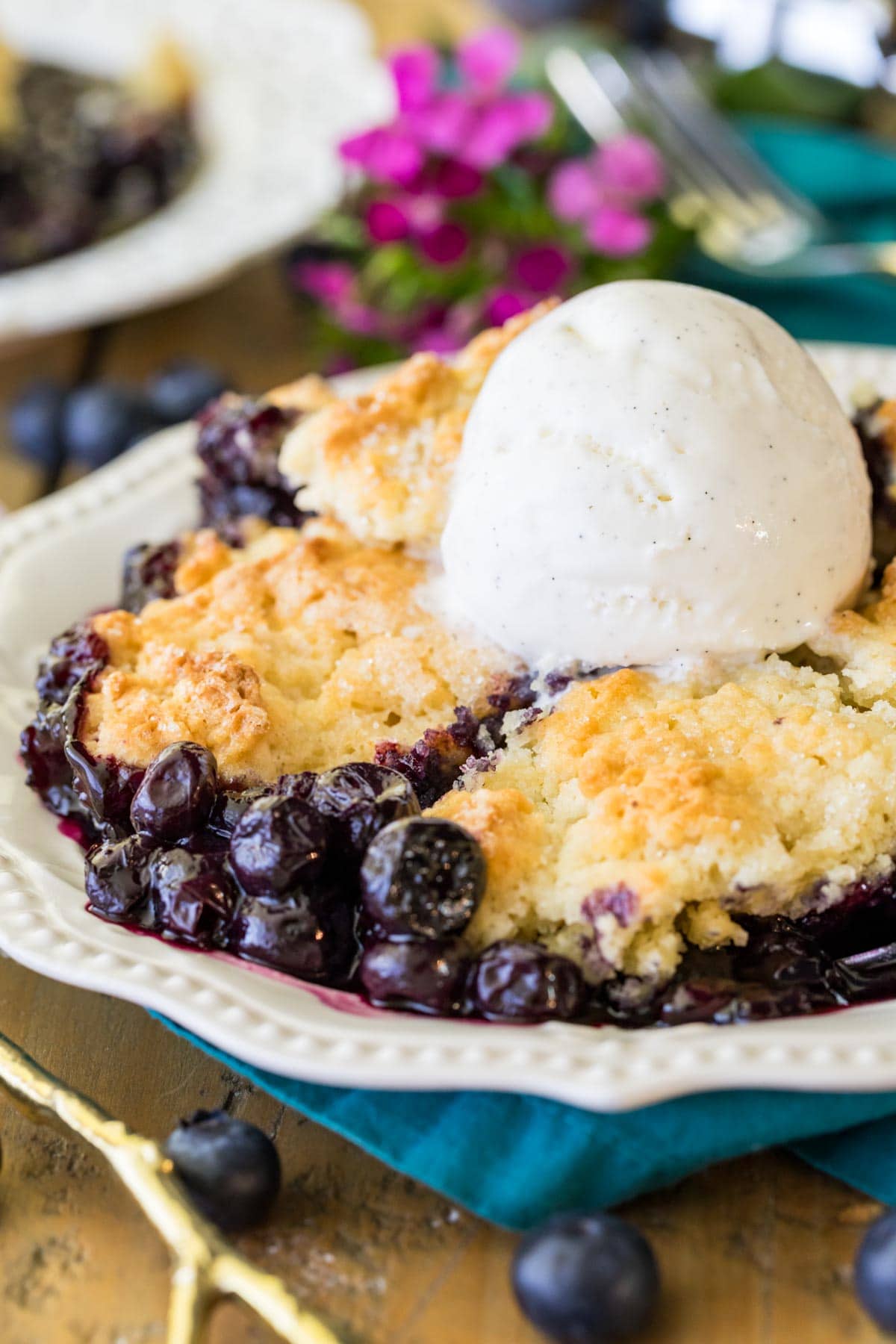 Serving of blueberry cobbler topped with a scoop of vanilla ice cream in a white dish.
