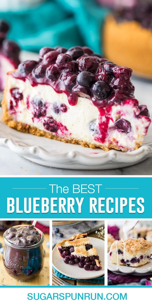 collage of blueberry recipes, multiple images of strawberry recipes that can be found on the blog