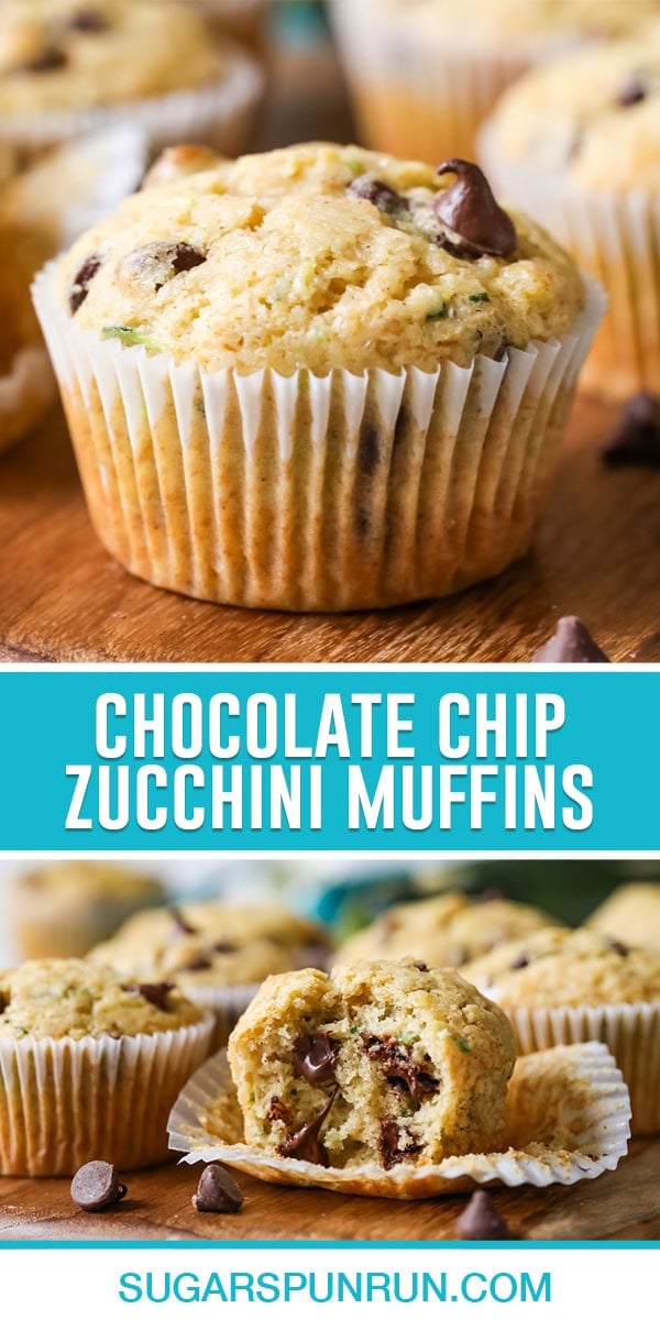 collage of chocolate chop zucchini muffins, top image of single muffin, bottom image of muffins photographed close up with wrapper open