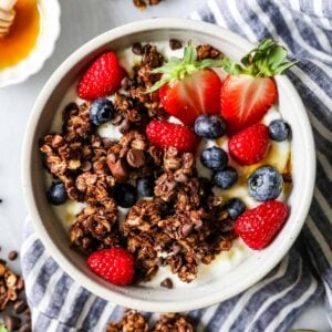 Overhead view of chocolate granola sprinkled over a bowl of yogurt and berries.