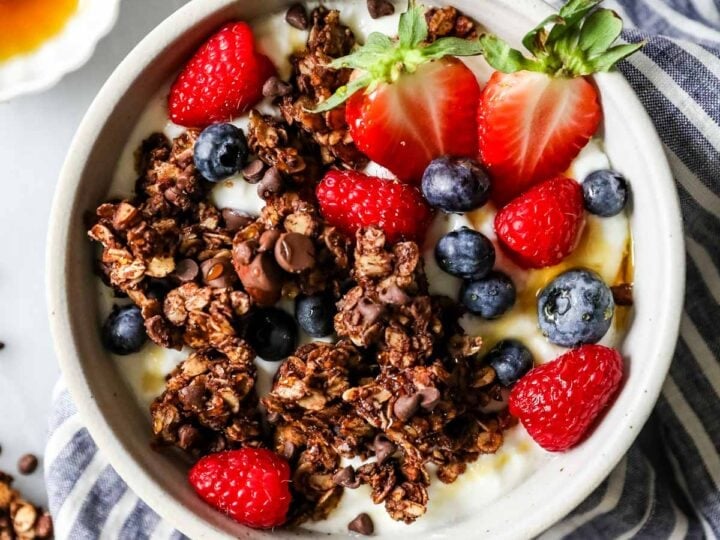 Overhead view of chocolate granola sprinkled over a bowl of yogurt and berries.