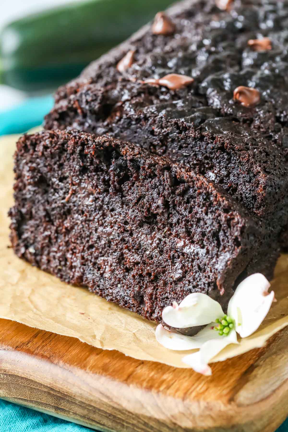 Close-up view of a chocolate loaf bread that's made with zucchini.